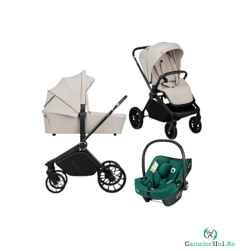 Carucior 3 in 1, Lionelo, Mika Plus, Cu scoica auto Verde testata ADAC, Reversibil, Cu sistem de ventilatie 3D, Cu accesorii, Pana la 22 kg, EN1888-1 EN1888-2 EN1466 ECE R129, Bej