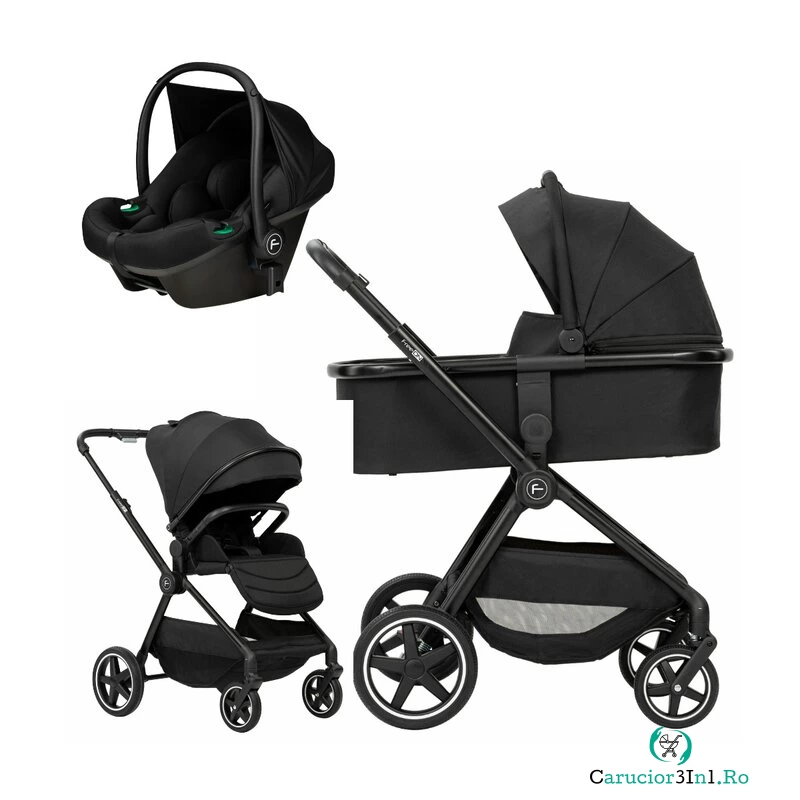 Carucior 3 in 1, FreeON, Zack, Cu cadru din aluminiu, Landou, Scoica auto, Geanta pentru mamici, Conform cu standardele EN 1888:2018 si ECE R129, Black