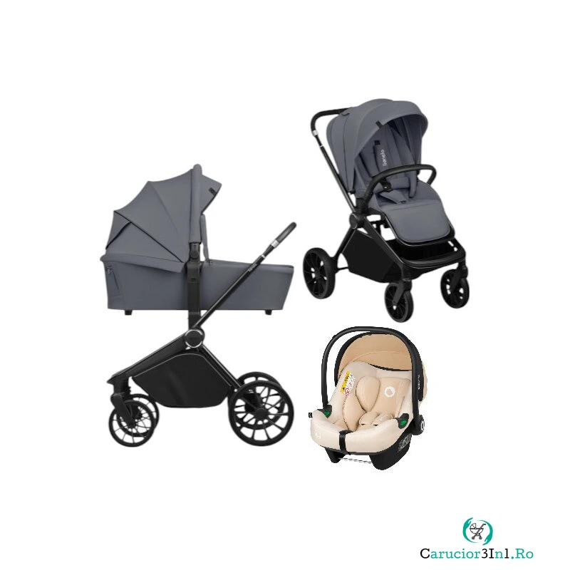 Carucior 3 in 1, Lionelo, Mika Plus, Cu scoica auto Bej testata ADAC, Reversibil, Cu sistem de ventilatie 3D, Cu accesorii, Pana la 22 kg, EN1888-1 EN1888-2 EN1466 ECE R129, Gri