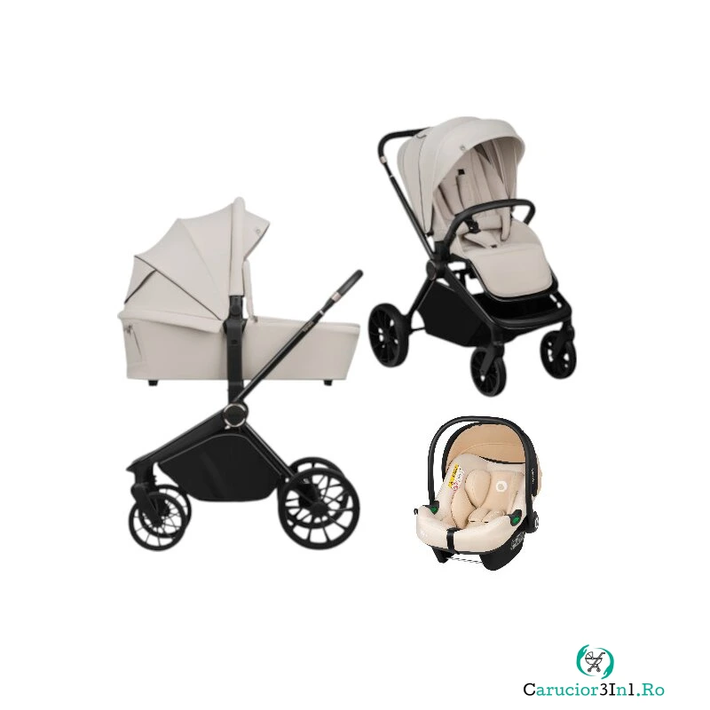 Carucior 3 in 1, Lionelo, Mika Plus, Cu scoica auto Bej testata ADAC, Reversibil, Cu sistem de ventilatie 3D, Cu accesorii, Pana la 22 kg, EN1888-1 EN1888-2 EN1466 ECE R129, Bej