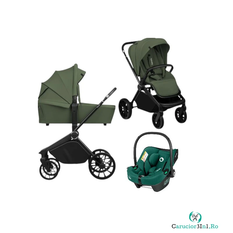 Carucior 3 in 1, Lionelo, Mika Plus, Cu scoica auto Verde testata ADAC, Reversibil, Cu sistem de ventilatie 3D, Cu accesorii, Pana la 22 kg, EN1888-1 EN1888-2 EN1466 ECE R129, Verde