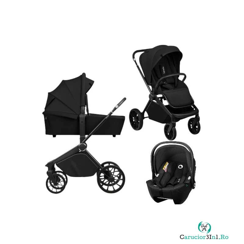 Carucior 3 in 1, Lionelo, Mika Plus, Cu scoica auto Moxie Black Carbon, Reversibil, Cu sistem de ventilatie 3D, Cu accesorii, Pana la 22 kg, EN1888-1 EN1888-2 EN1466 ECE R129, Negru la 2,364.99 lei ron