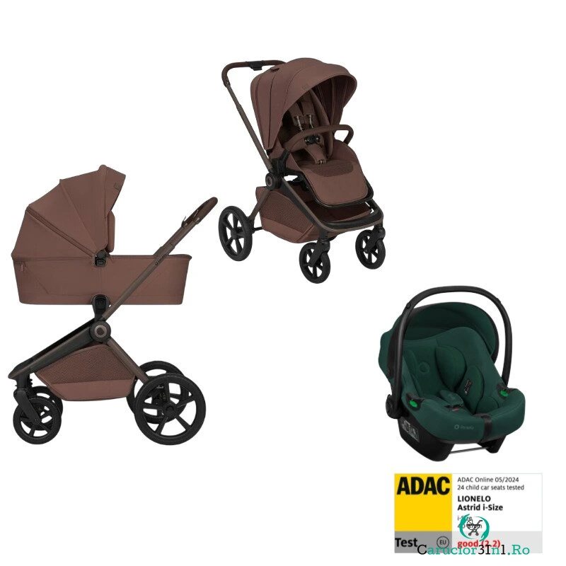 Set Carucior 3 in 1, Lionelo, Freya Brown Chocolate + Scoica testata ADAC i-Size Astrid, Green la 3,779.99 lei ron